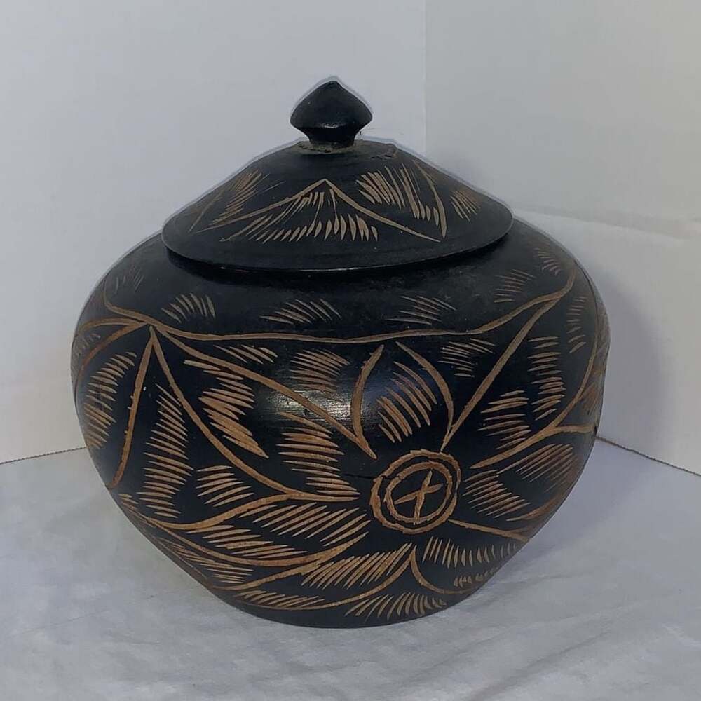 Vintage Hand Carved Floral Black Wooden Trinket Jar with Lid